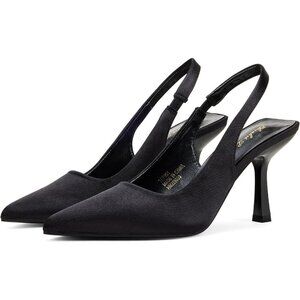 Women Black Satin Pointed Closed Toe mid Slingback Mid High Heels Stiletto Pumps